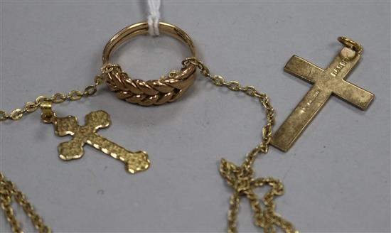 A 9ct gold plaited ring, two 9ct gold cross pendants and a 14ct gold (585) fine link chain.